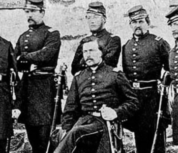 19th century photograph of six Union soldiers in uniform from the Civil War.