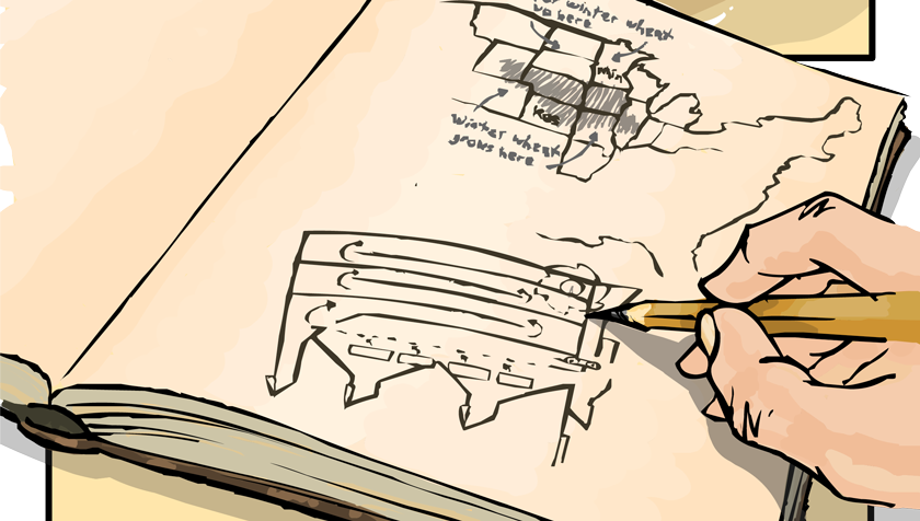 Now E.V. is drawing diagrams in his notebook. We see a map of the midwest indicating the winter wheat zone to the south of Minnesota.
Another diagram shows a machine being sketched.